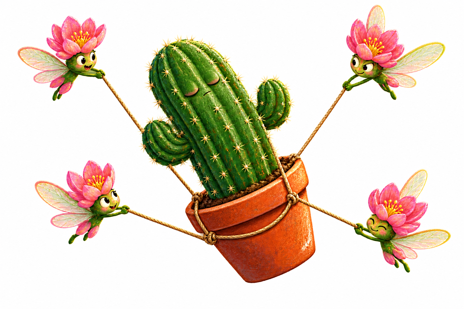 One peacefully sleeping cactus in a terracotta pot being carried through the air by four tiny flying cactus flowers