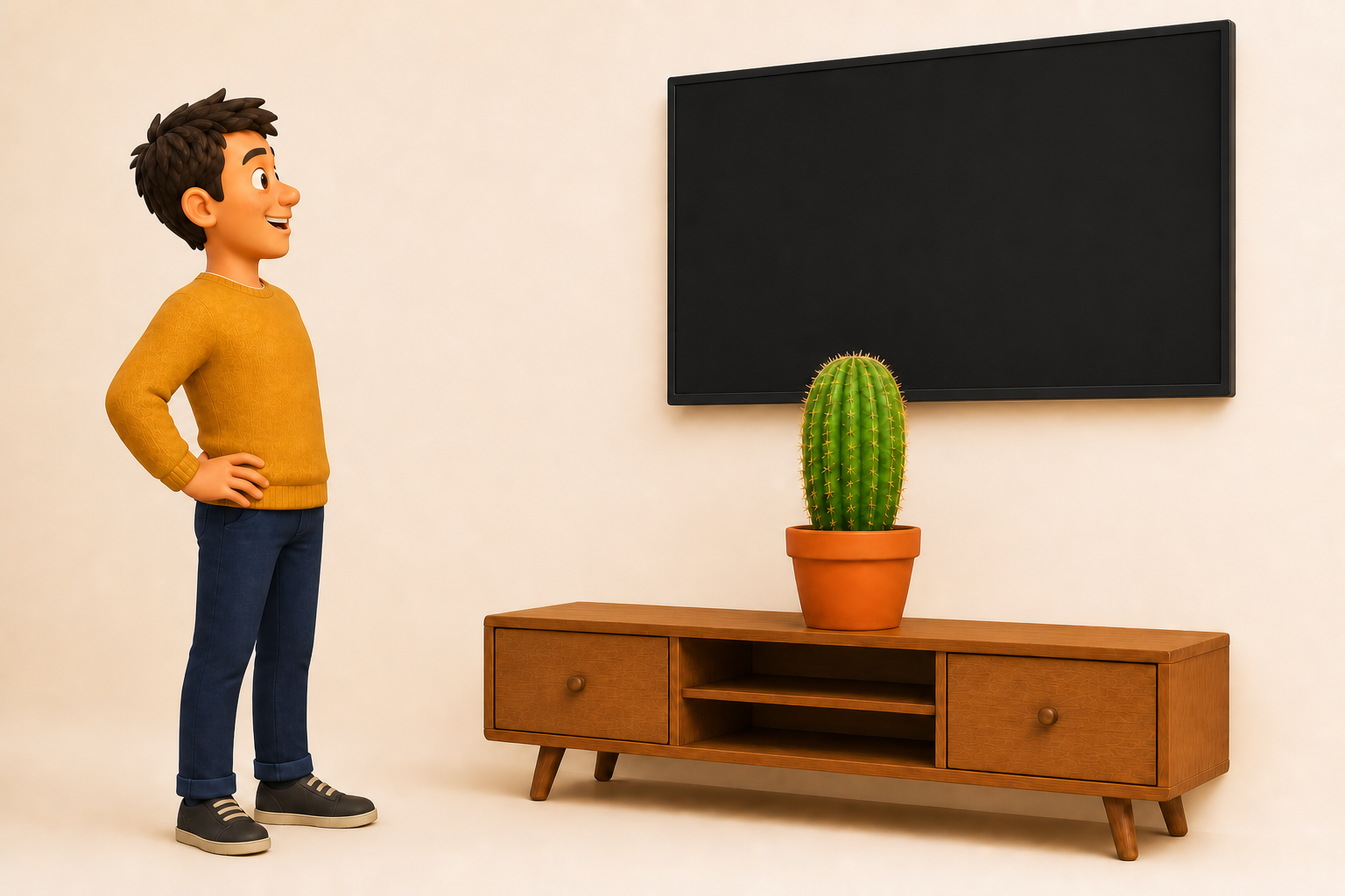 Sightlines from a person stop at a cactus while the television cables remain hidden behind it