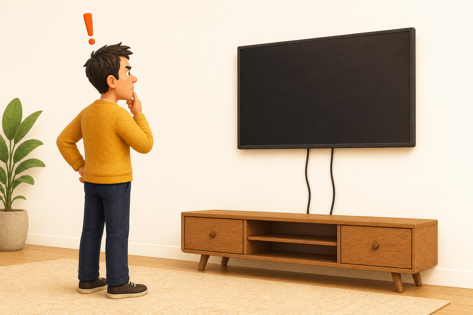 A displeased person notices two cables hanging beneath a wall-mounted television