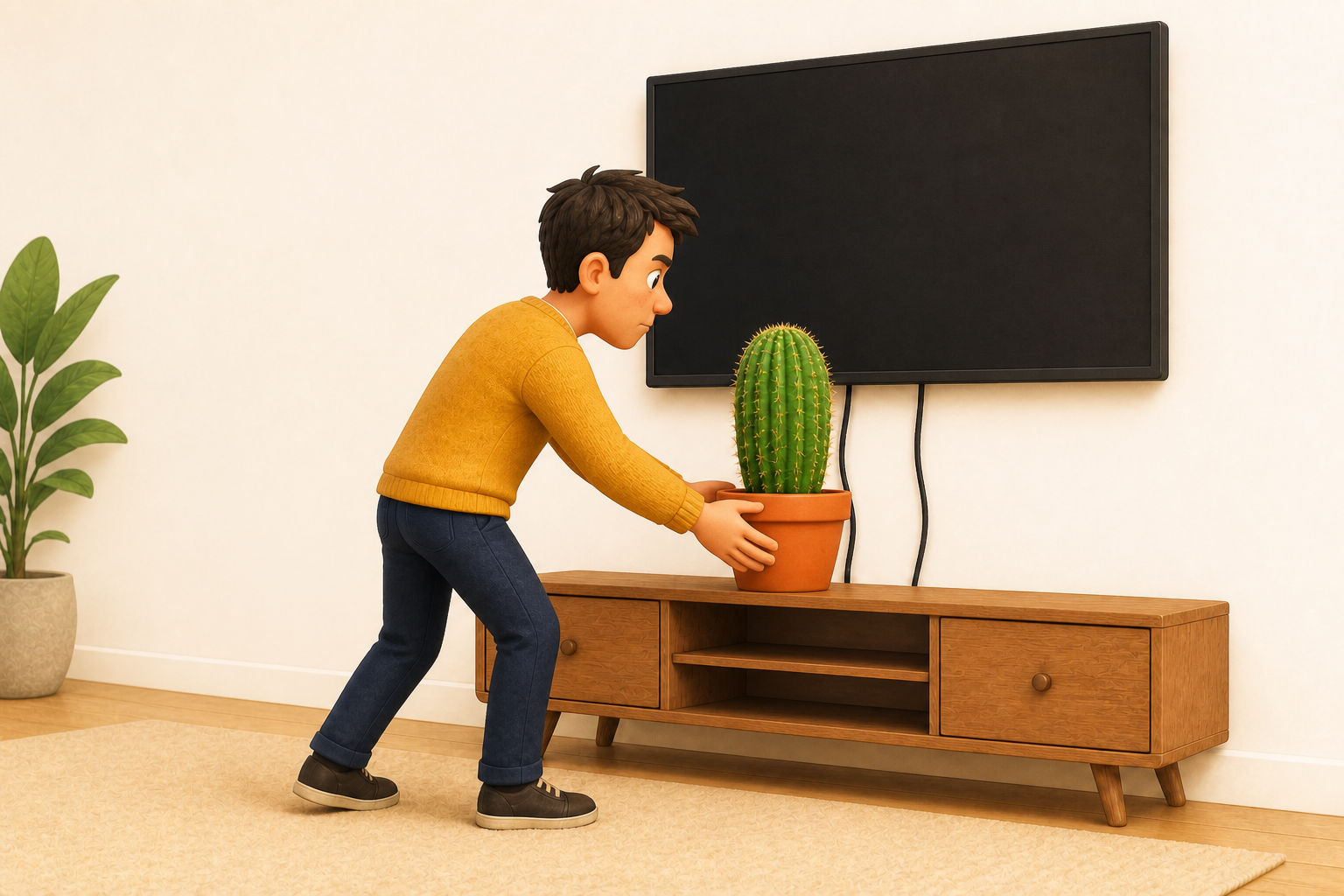 The person carefully places a potted cactus in front of the television cables