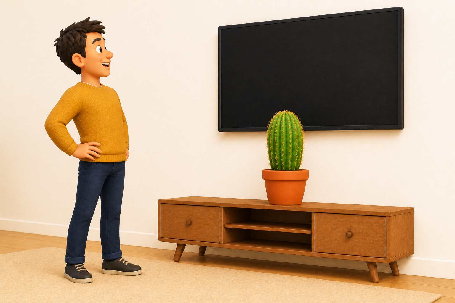 The pleased person admires a cactus concealing the television cables